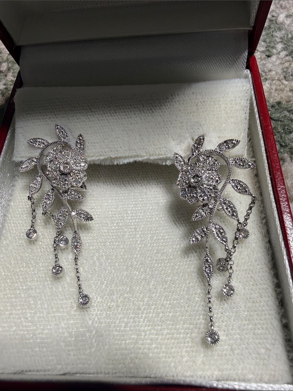 14k white gold Floral Drop Earrings - Sparkling Diamonds Leaf Design